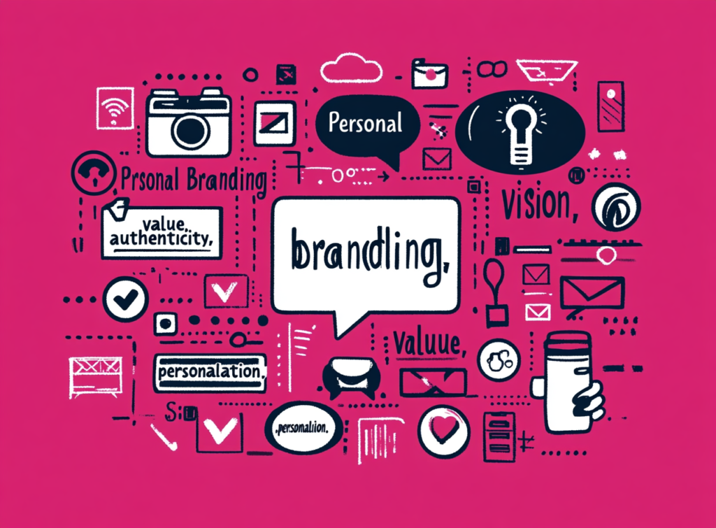 Illustration du personal branding avec des éléments visuels représentant l'authenticité, la valeur, la personnalisation et la vision d'une marque.