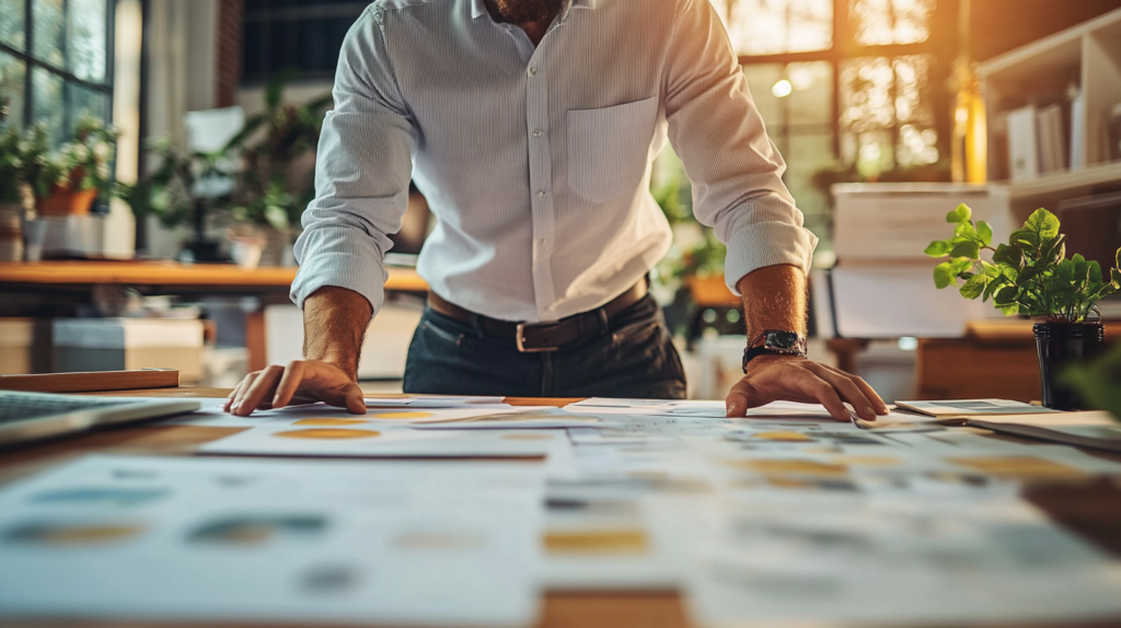 Un professionnel en pleine réflexion sur des documents de stratégie de branding, représentant la planification et l’organisation dans le développement d’une marque personnelle.