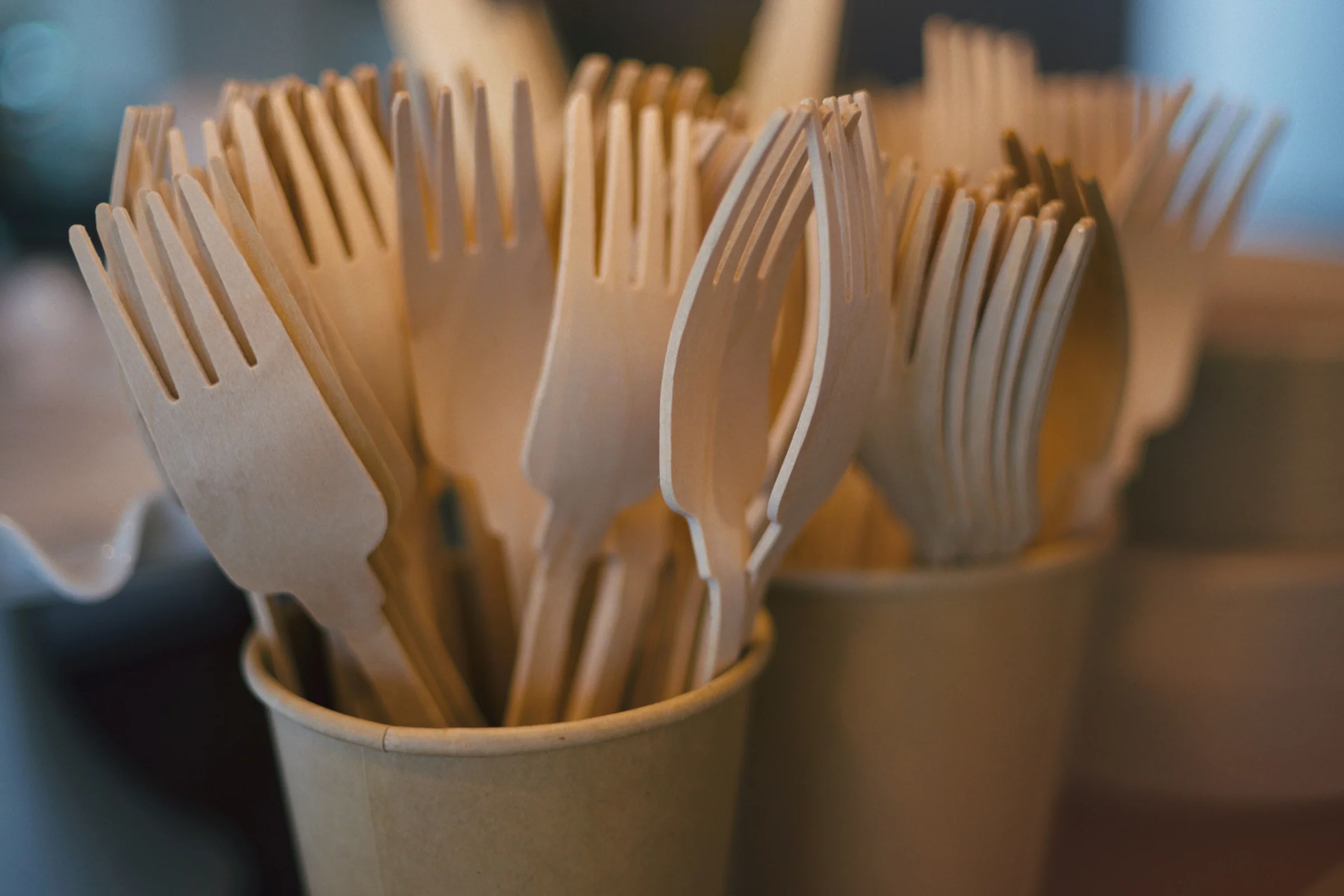 Couverts en bois dans des gobelets en carton pour un buffet d'événement écoresponsable